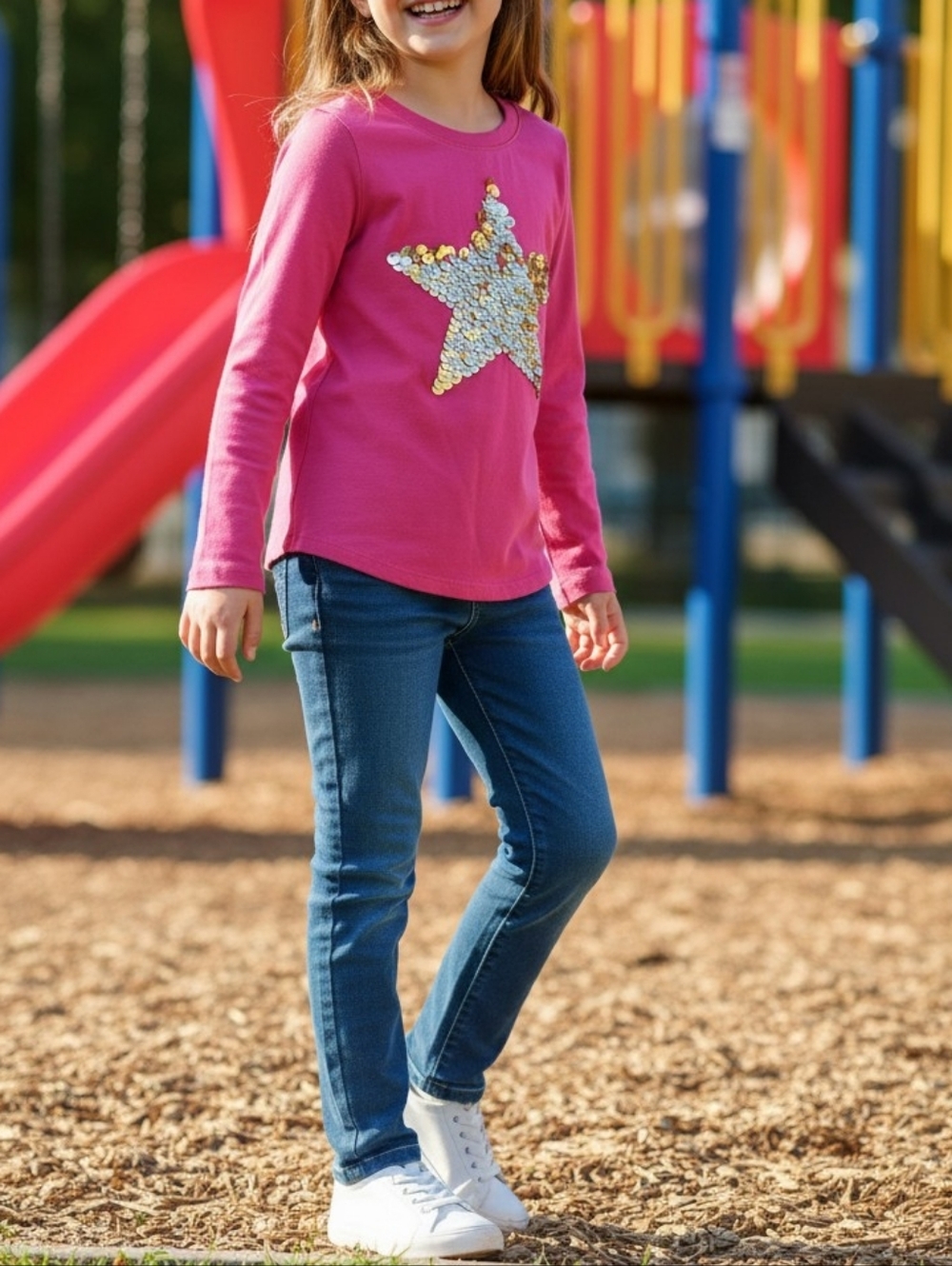 Cat & Jack Pink Long-Sleeve Tee with Sequin Star With Jumping Bean Stretch Jeans